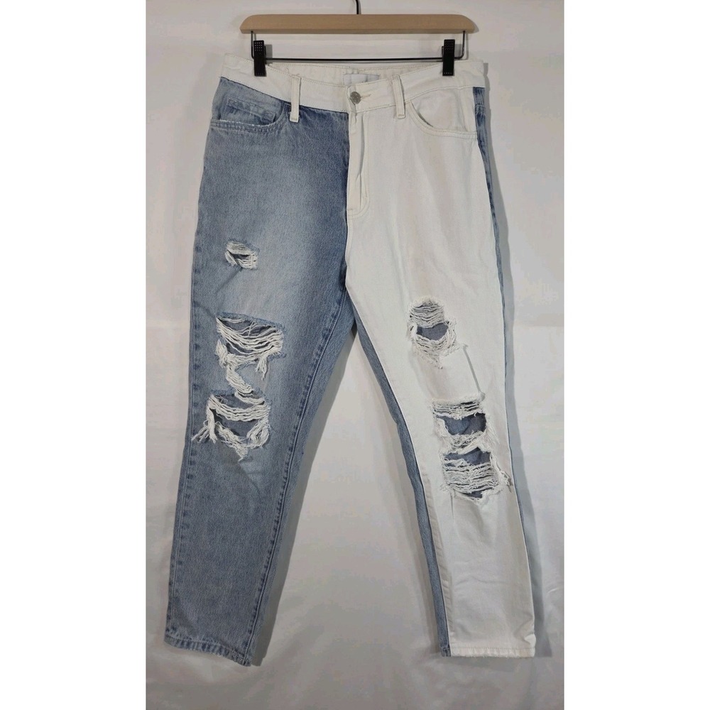 Vervet Two Tone Split Distressed Mom Jeans Size 29 Blue White Colorblock Jeans‎